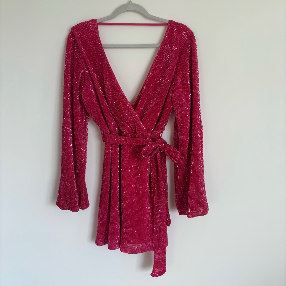 Pink Sequin Tie Waist Mini Dress